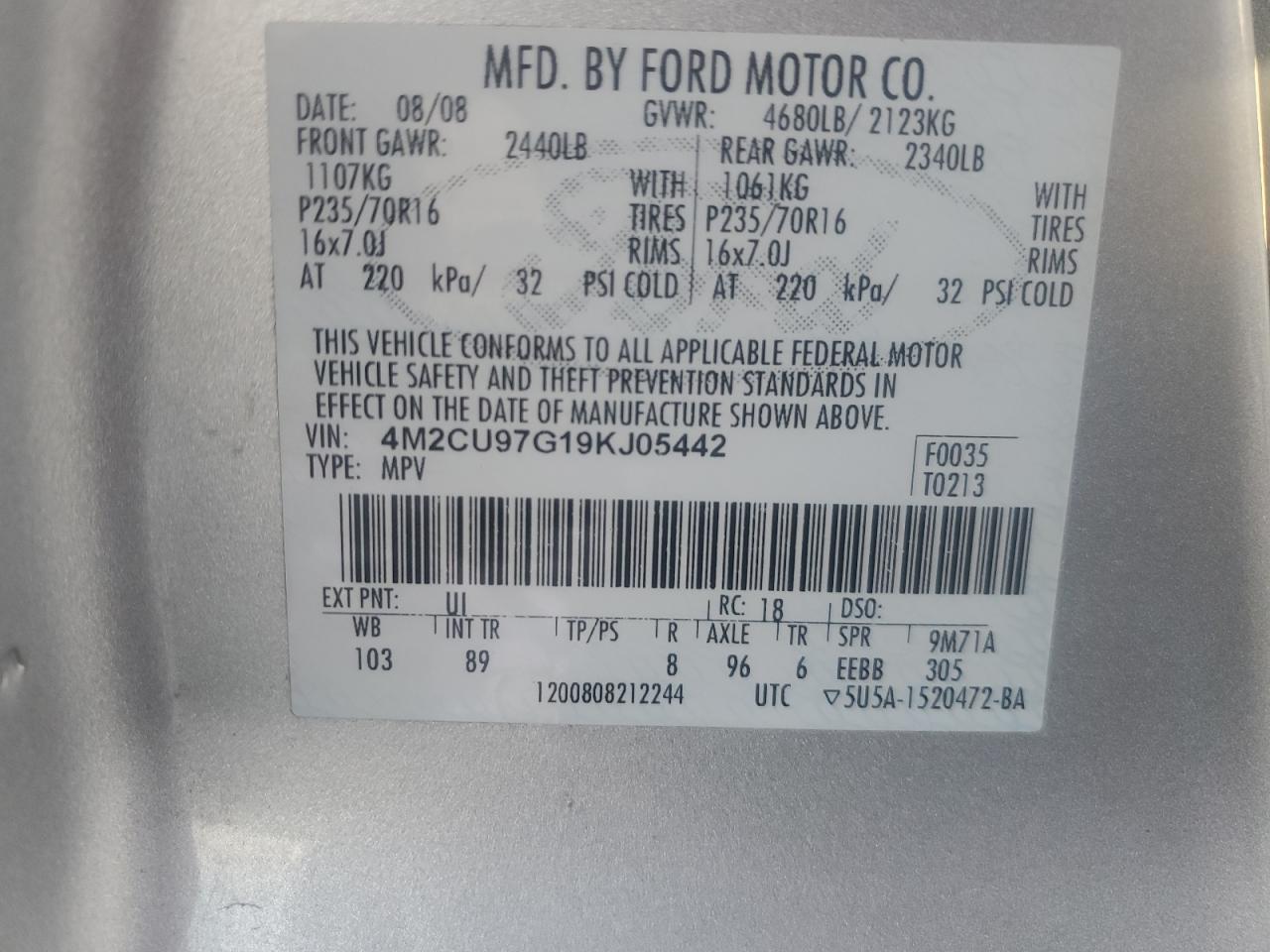 Lot #3296450657 2009 MERCURY MARINER PR