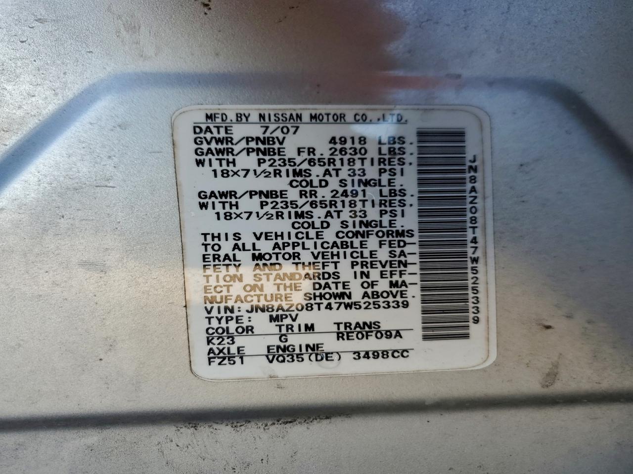 Lot #3301776342 2007 NISSAN MURANO SL