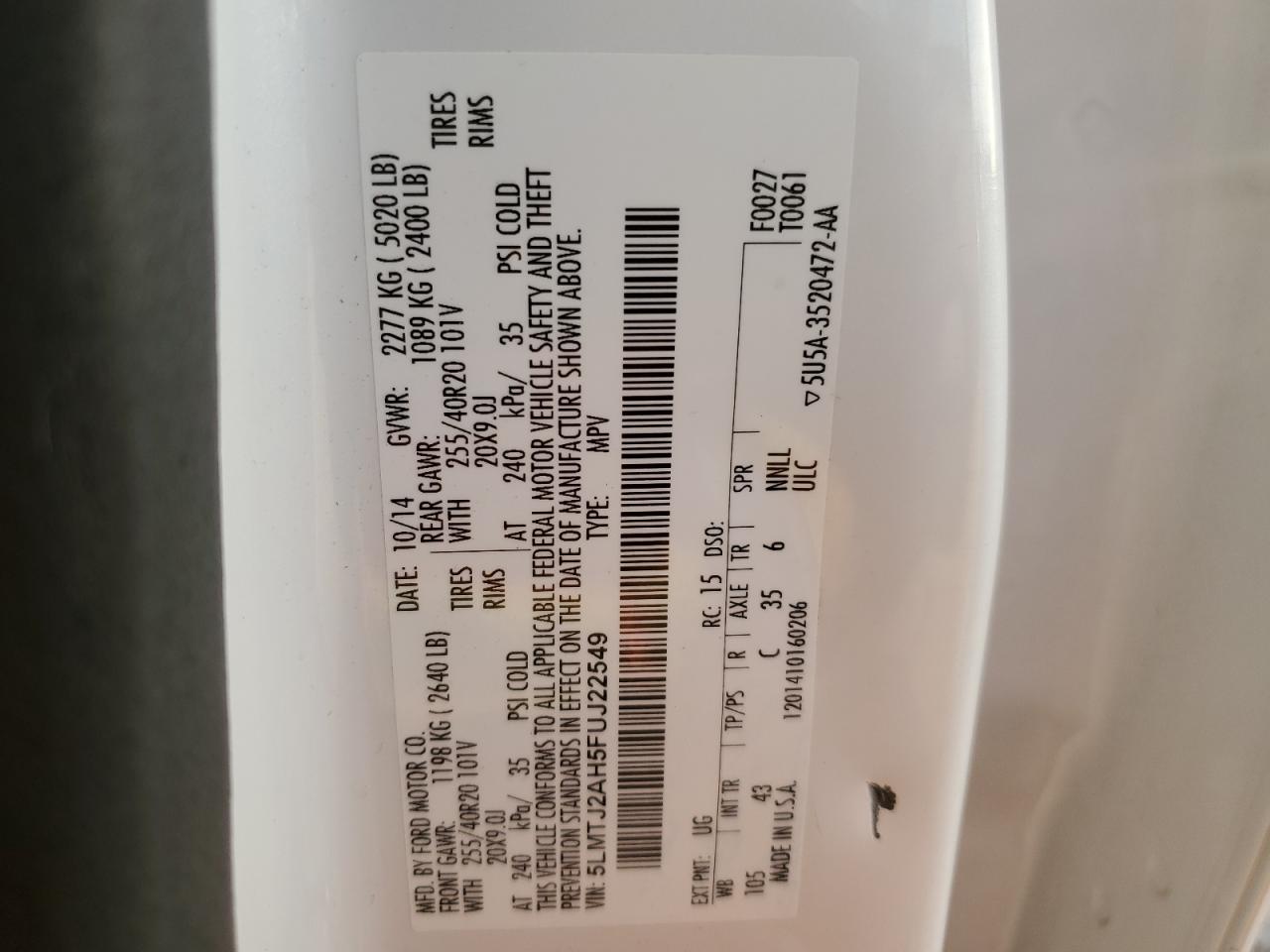 Lot #3302770384 2015 LINCOLN MKC