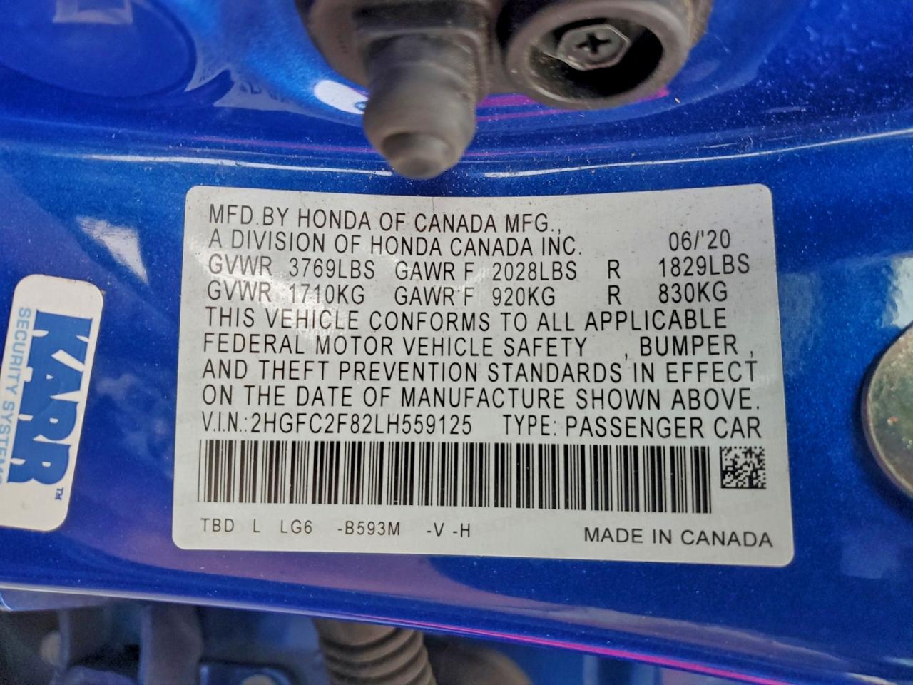 Lot #3316699521 2020 HONDA CIVIC SPOR