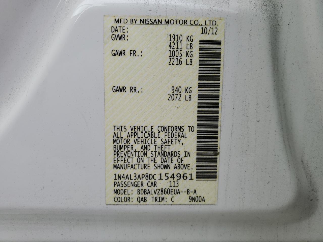 Lot #3301983479 2013 NISSAN ALTIMA 2.5