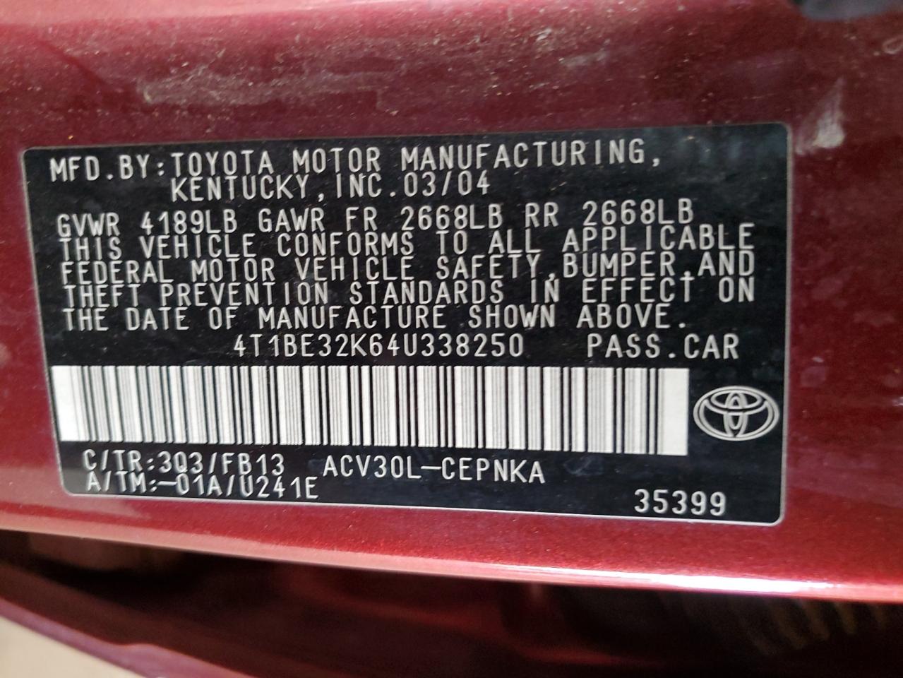 Lot #3291508948 2004 TOYOTA CAMRY LE