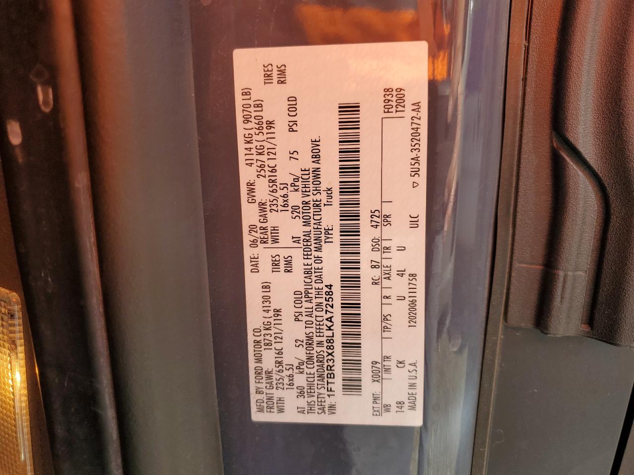 Lot #3311666218 2020 FORD TRANSIT T-