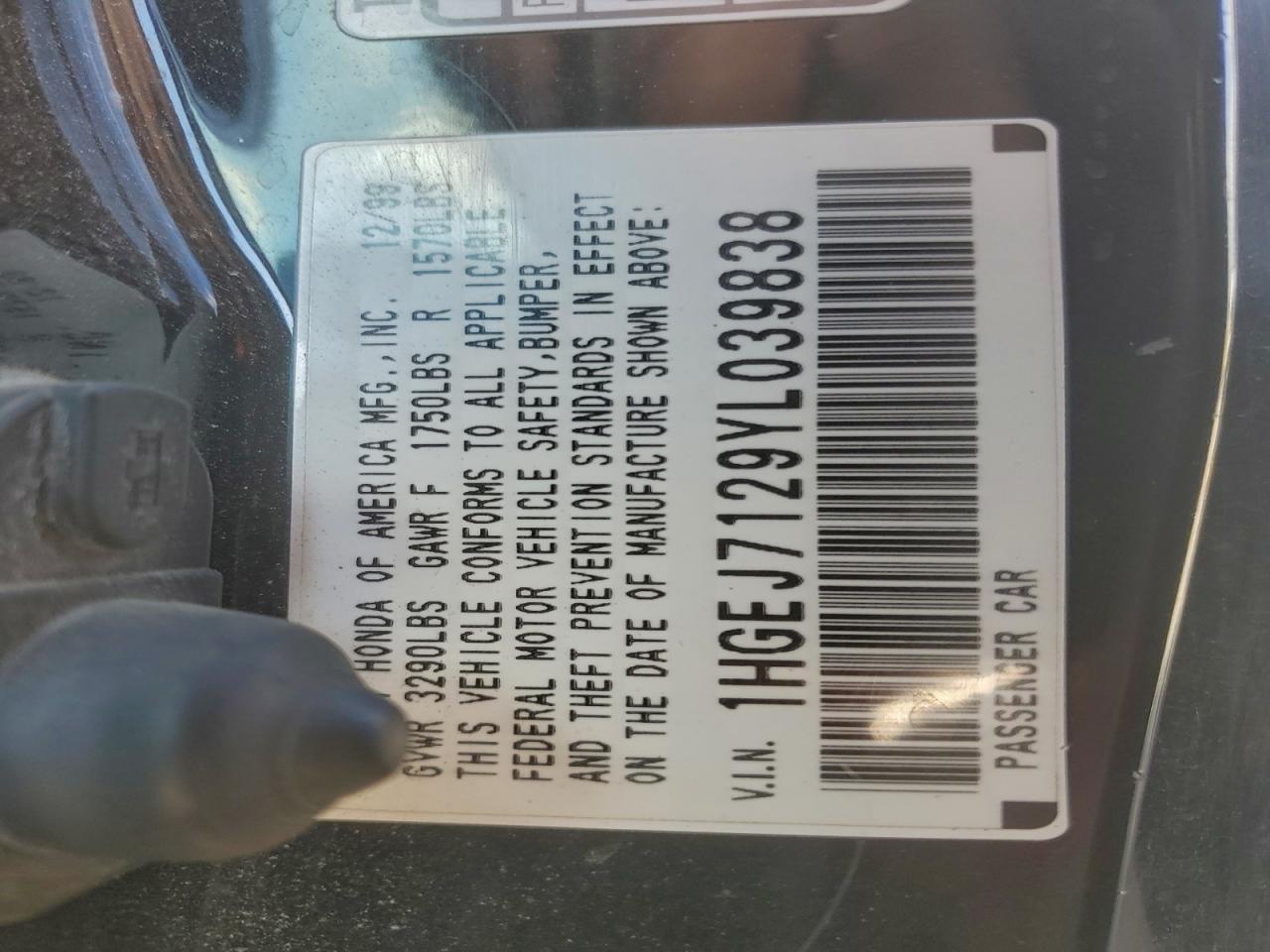 Lot #3297319390 2000 HONDA CIVIC HX