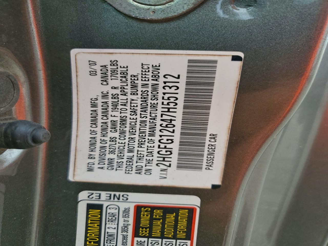 Lot #3296928859 2007 HONDA CIVIC LX