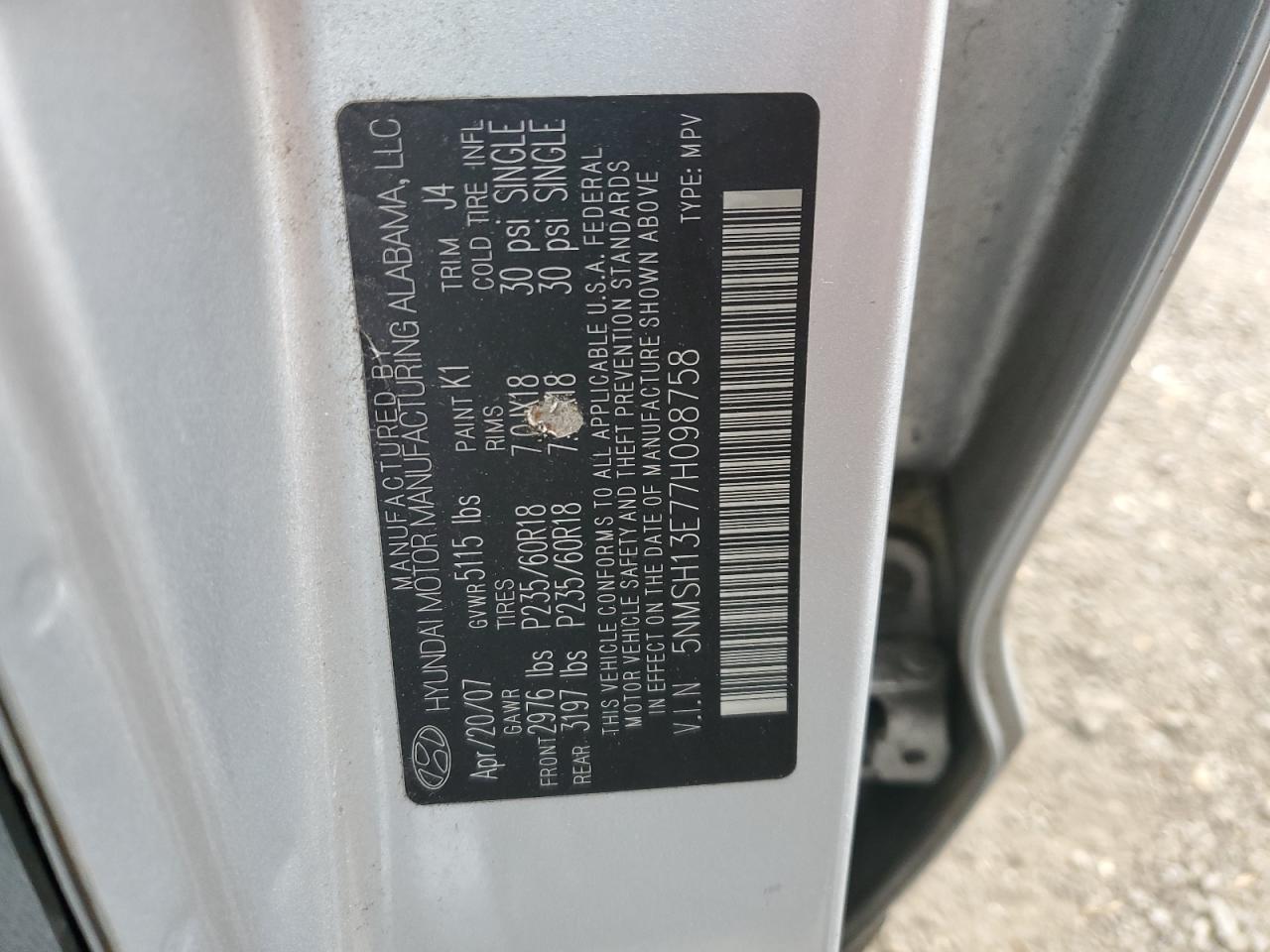 Lot #3290200237 2007 HYUNDAI SANTA FE S