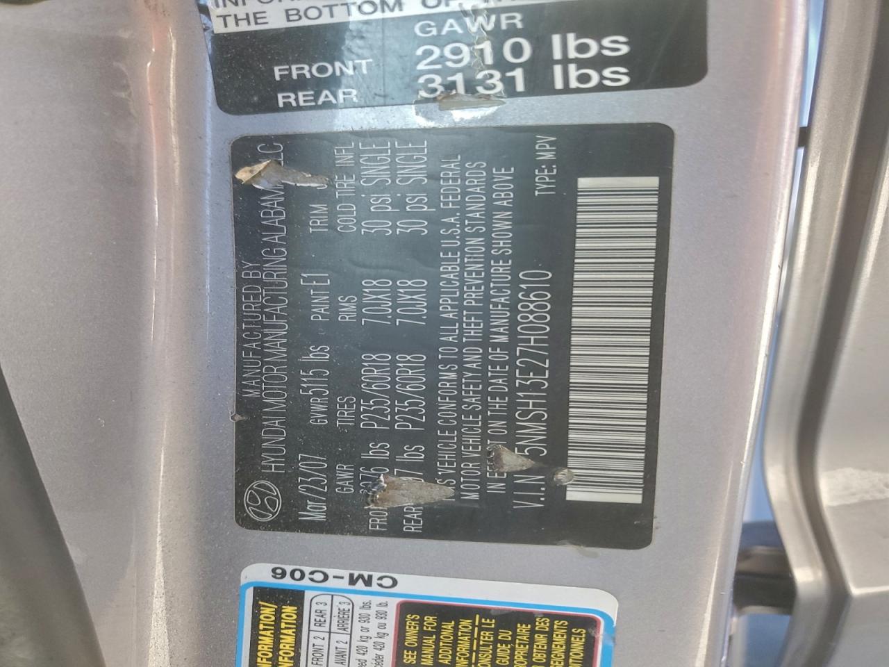 Lot #3297319389 2007 HYUNDAI SANTA FE S