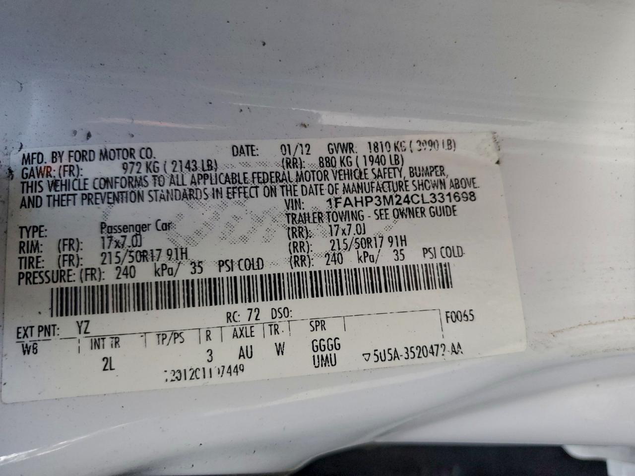 Lot #3302860907 2012 FORD FOCUS SEL