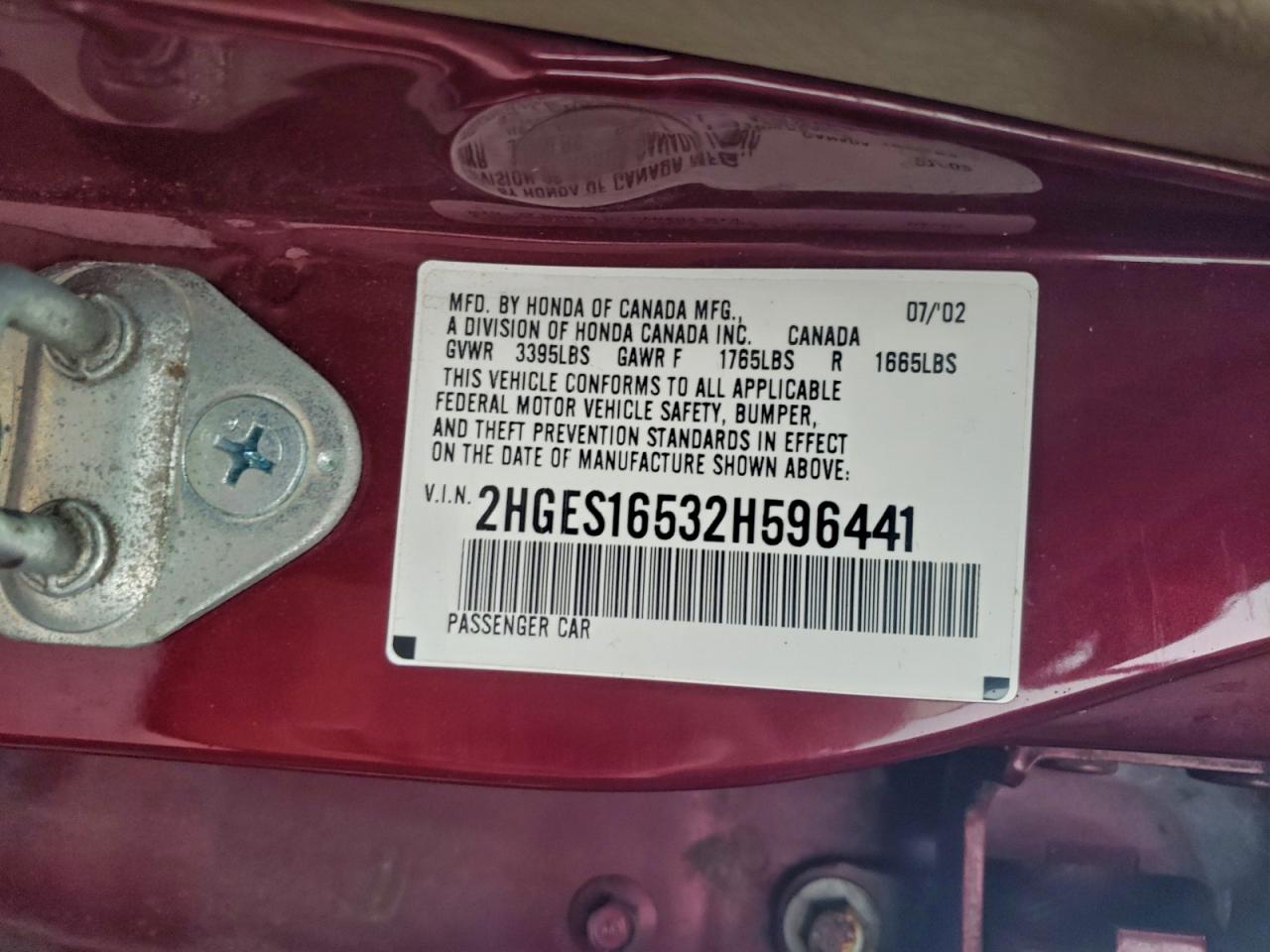 Lot #3304519470 2002 HONDA CIVIC LX