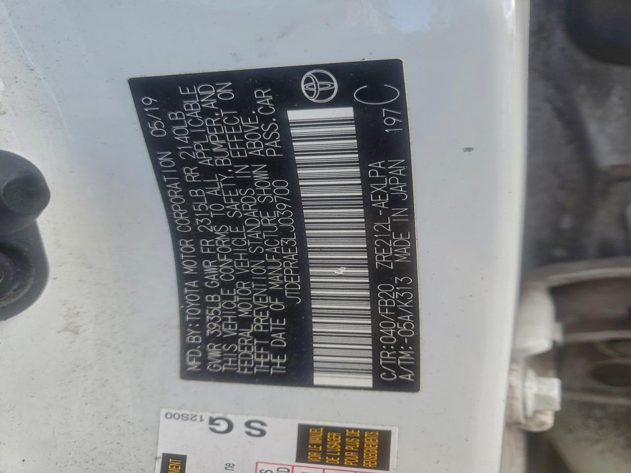 Lot #3308532527 2020 TOYOTA COROLLA LE