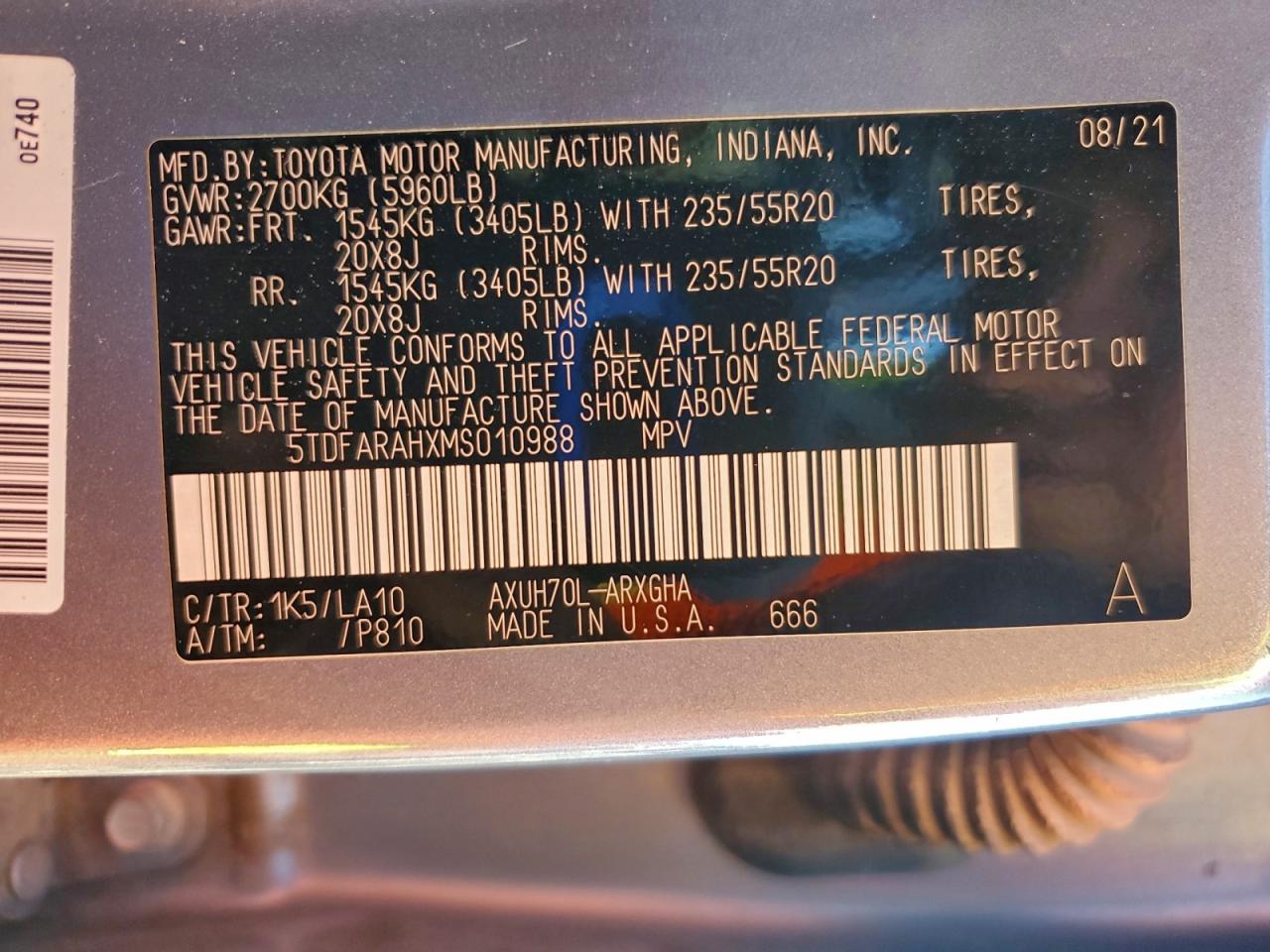 Lot #3311747746 2021 TOYOTA HIGHLANDER