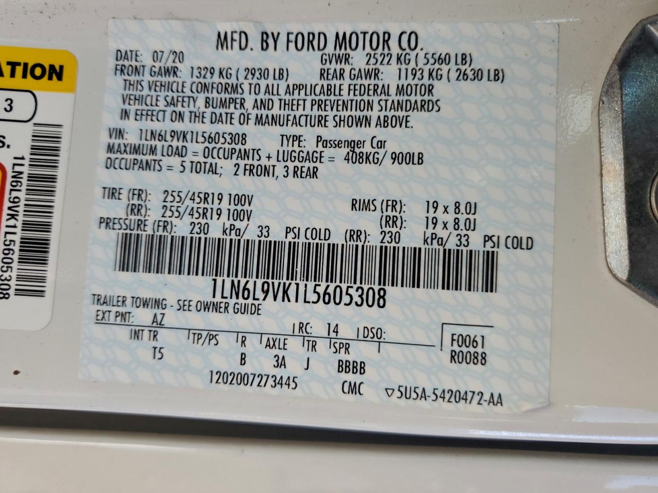 Lot #3301748426 2020 LINCOLN CONTINENTA