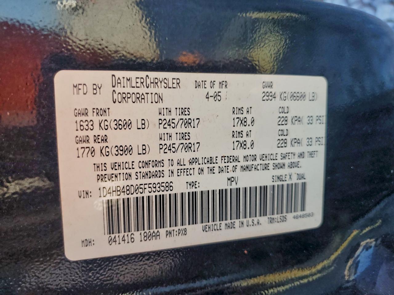 Lot #3302913082 2005 DODGE DURANGO SL