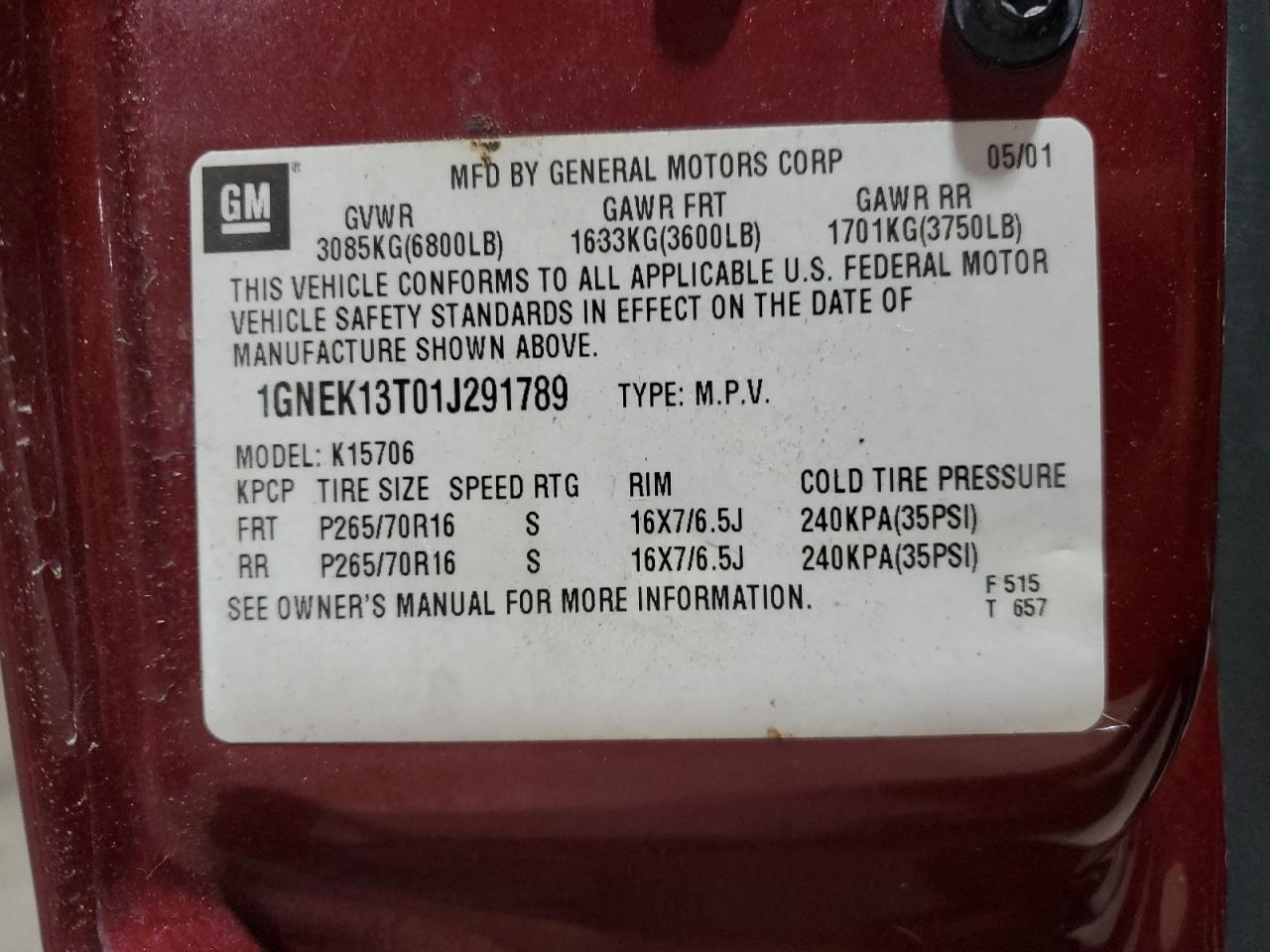 Lot #3297124543 2001 CHEVROLET TAHOE K150