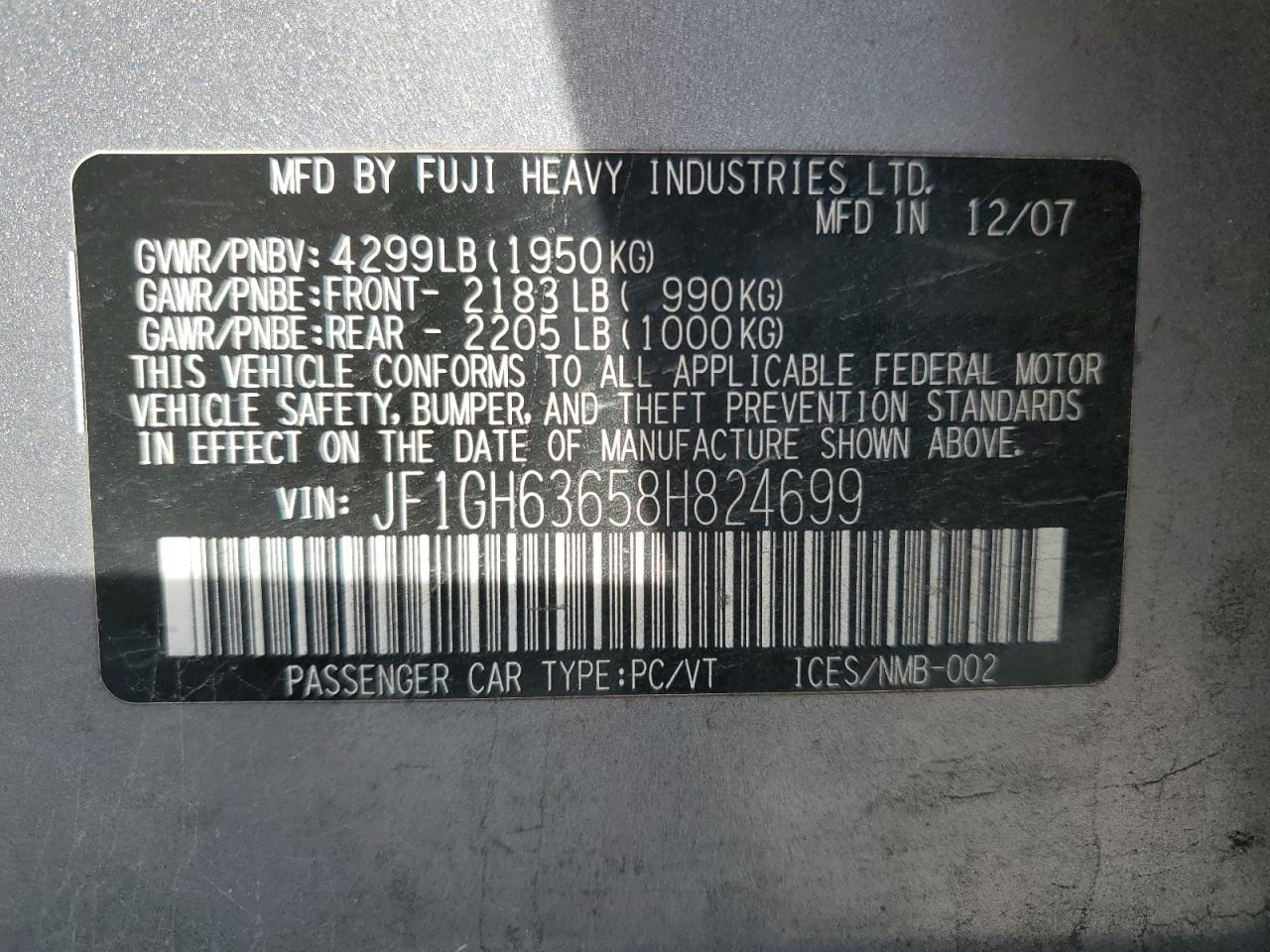 Lot #3302642001 2008 SUBARU IMPREZA OU