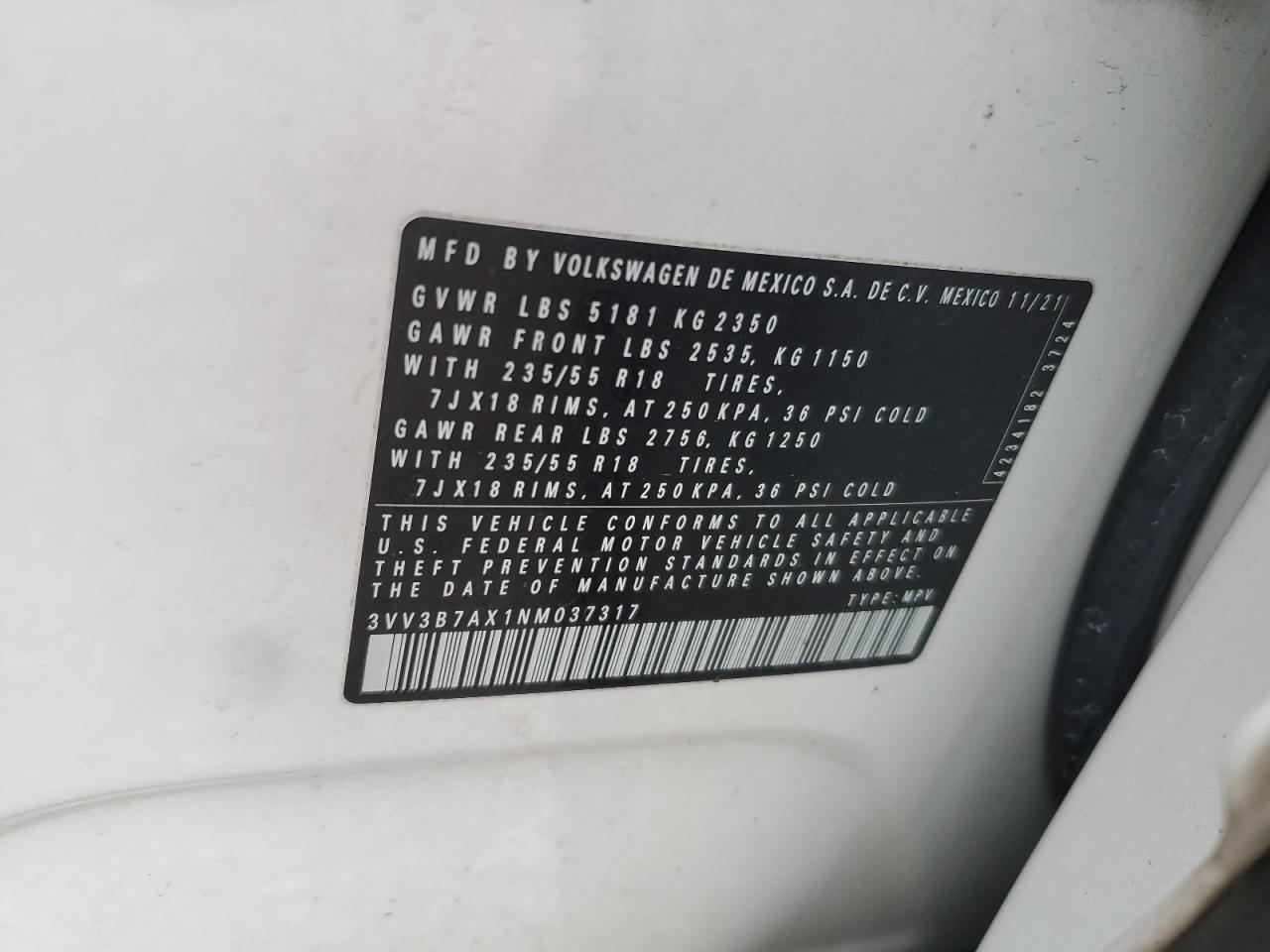 Lot #3310369979 2022 VOLKSWAGEN TIGUAN SE