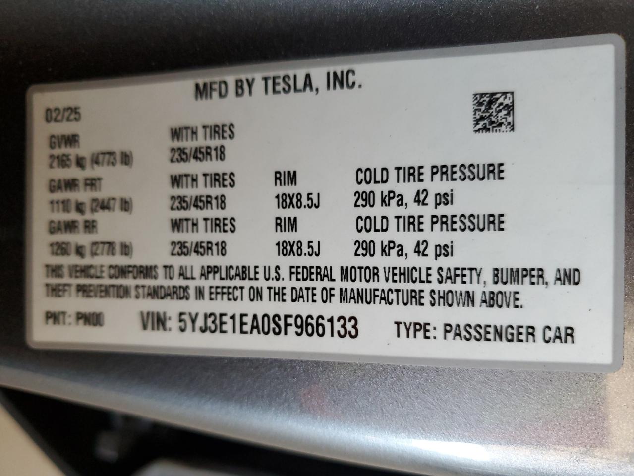 Lot #3309684834 2025 TESLA MODEL 3