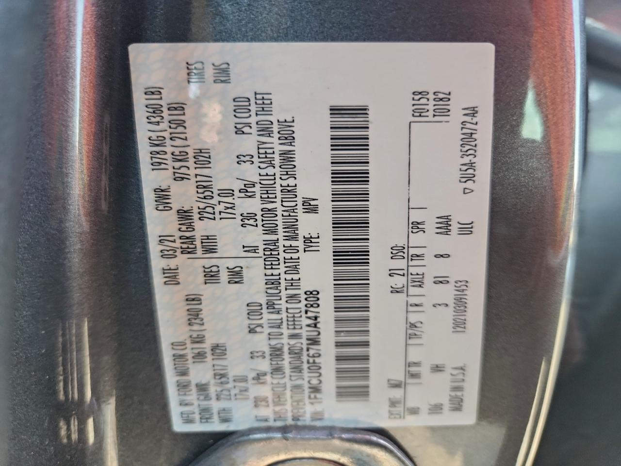 Lot #3296881832 2021 FORD ESCAPE S