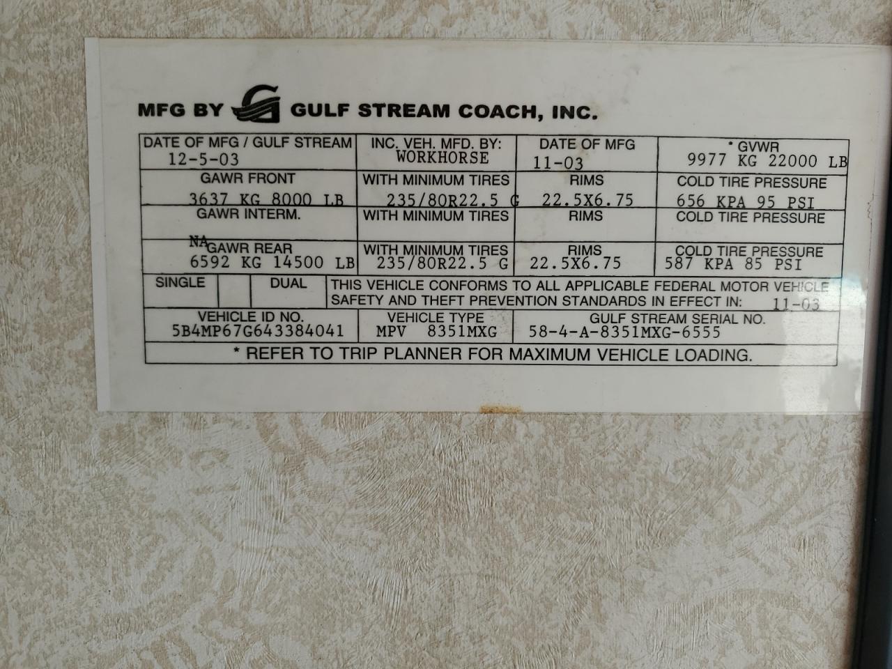 Lot #3293292435 2004 WORKHORSE CUSTOM CHASSIS MOTORHOME