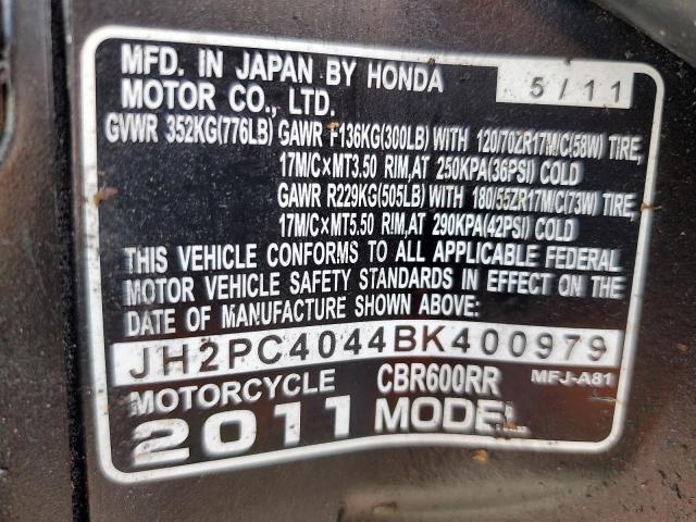 2011 HONDA CBR600 RR JH2PC4044BK400979