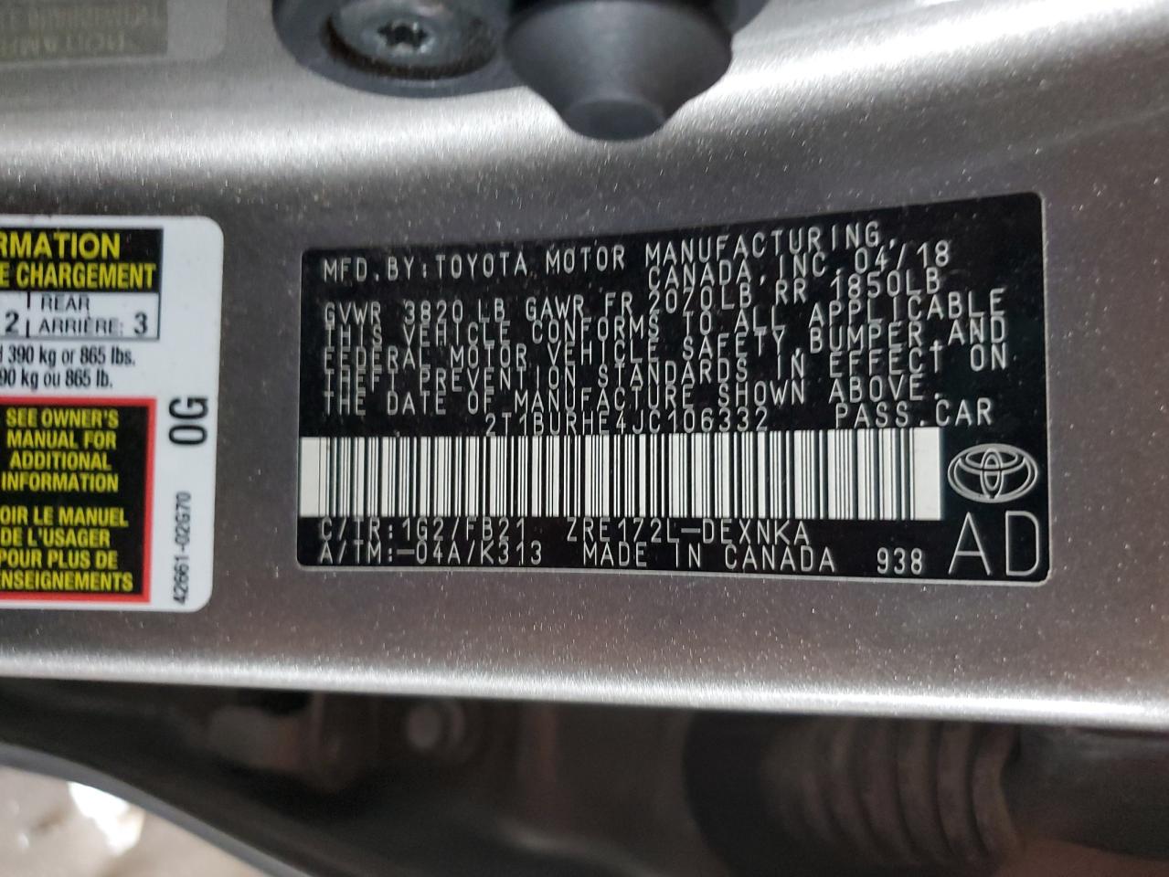 Lot #3287618029 2018 TOYOTA COROLLA L