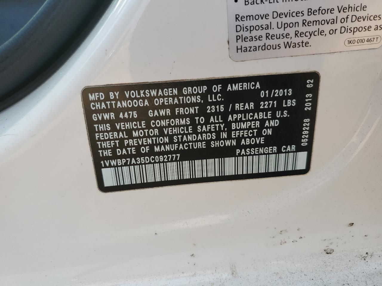 Lot #3308229163 2013 VOLKSWAGEN PASSAT SE