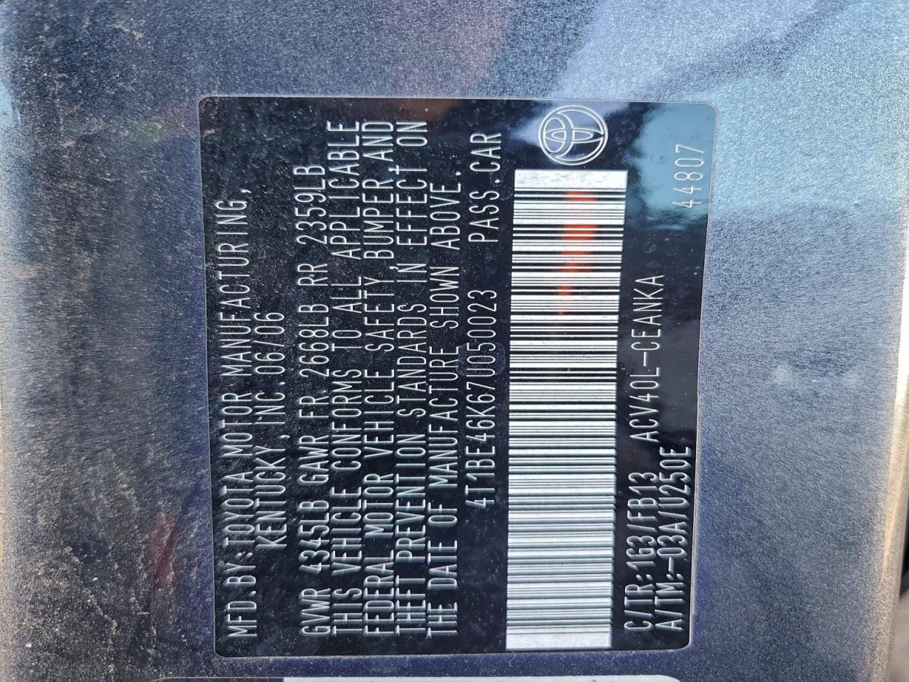 Lot #3297453216 2007 TOYOTA CAMRY CE