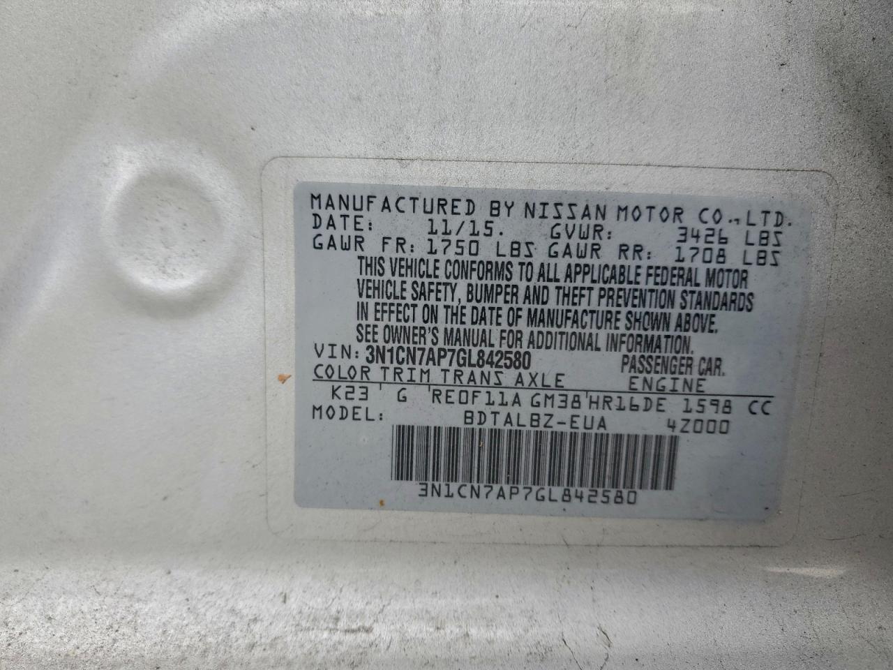 Lot #3311622226 2016 NISSAN VERSA S