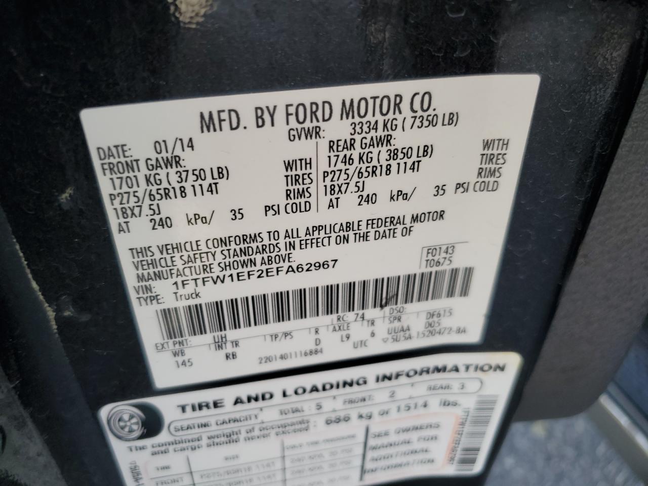 Lot #3303001601 2014 FORD F150 SUPER