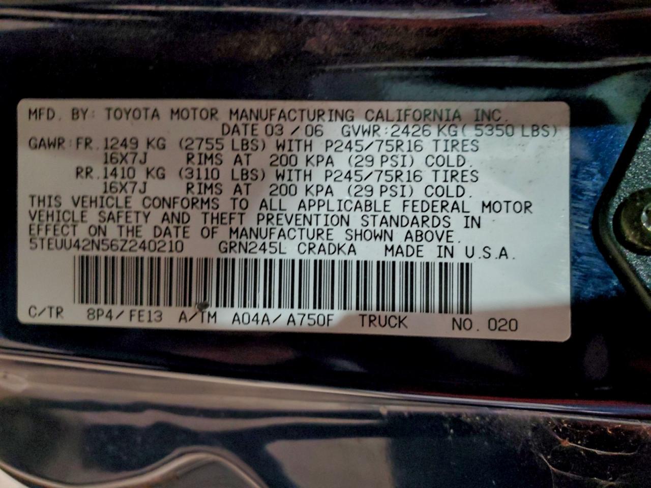 Lot #3297989057 2006 TOYOTA TACOMA ACC