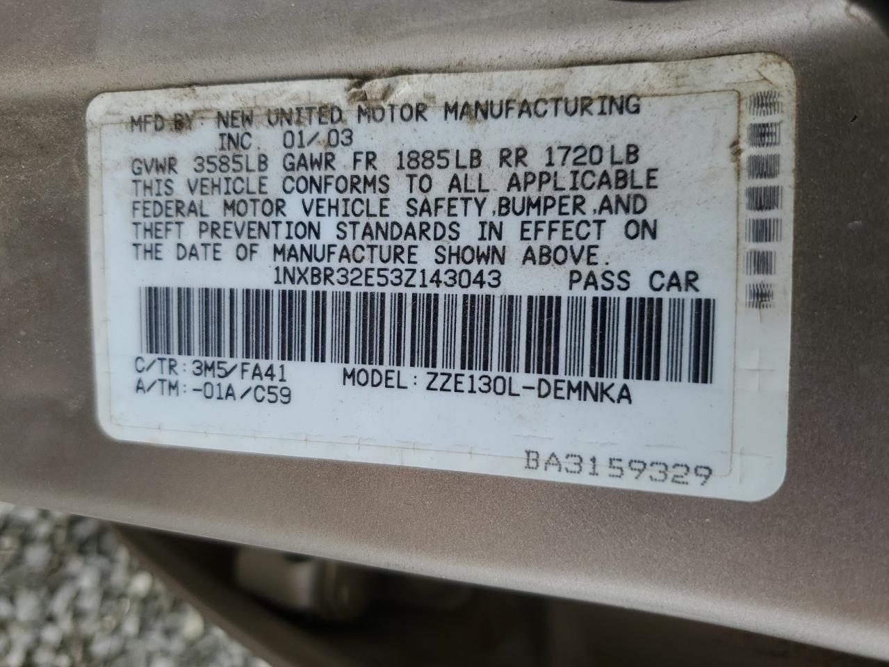 Lot #3285763650 2003 TOYOTA COROLLA CE