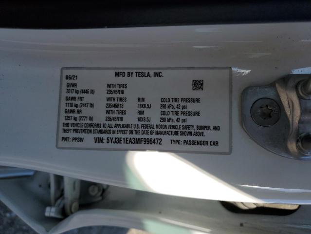 2021 TESLA MODEL 3 #3317026124