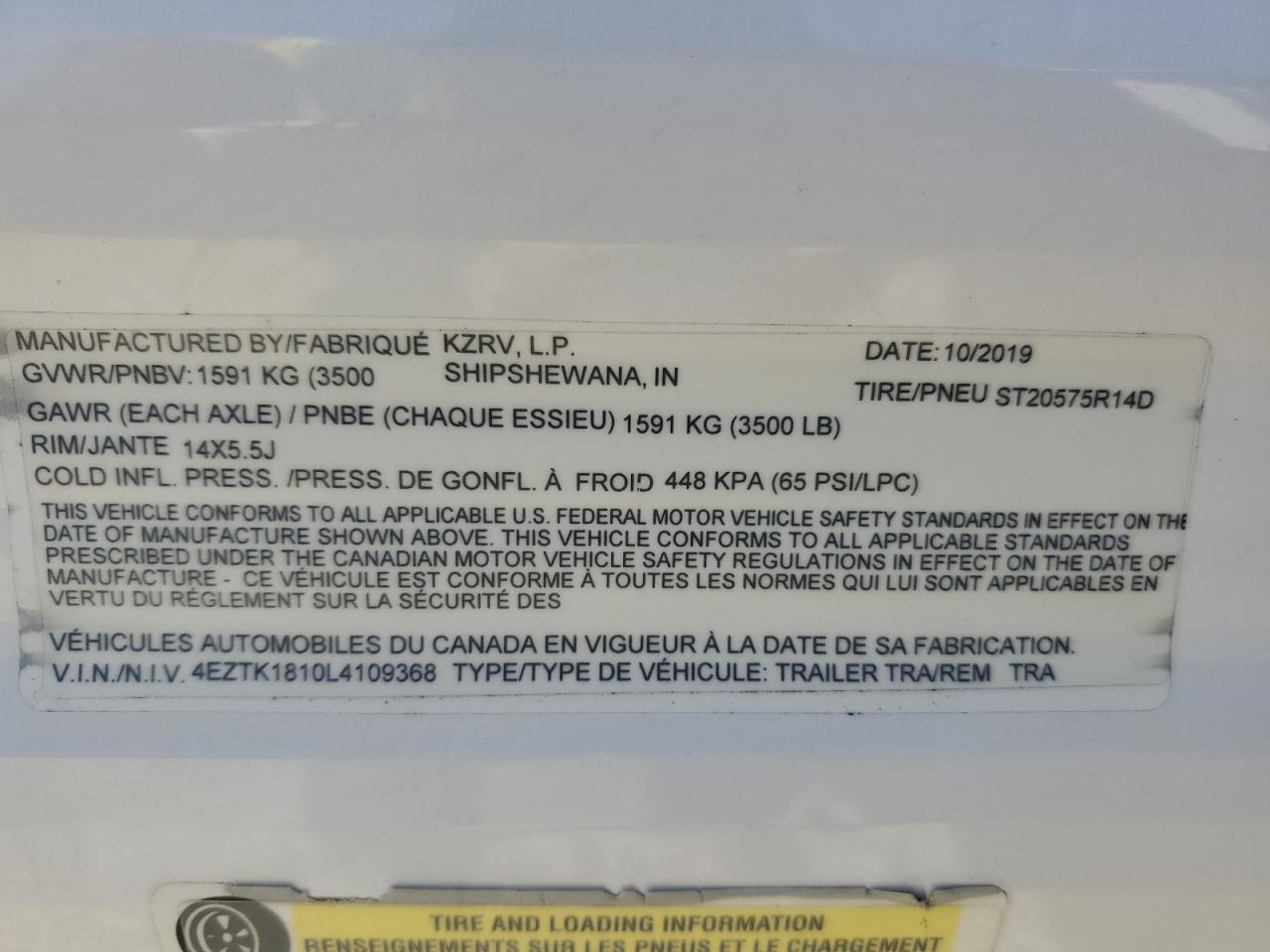 Lot #3285102389 2020 KZPS TRAILER