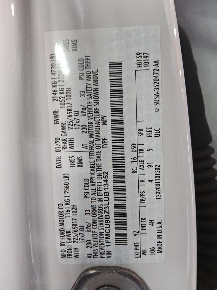 Lot #3303662943 2020 FORD ESCAPE SE