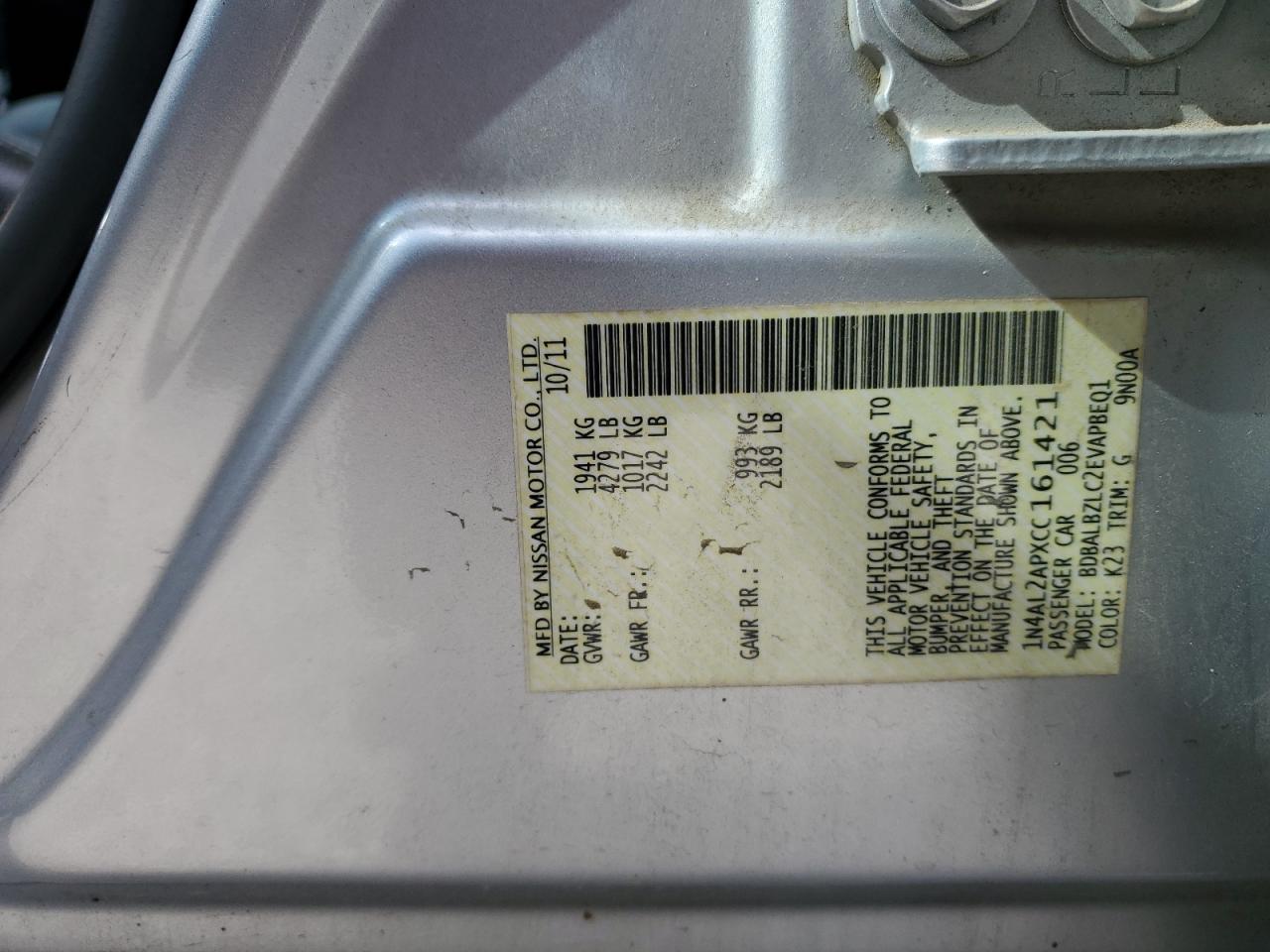 Lot #3291446486 2012 NISSAN ALTIMA BAS