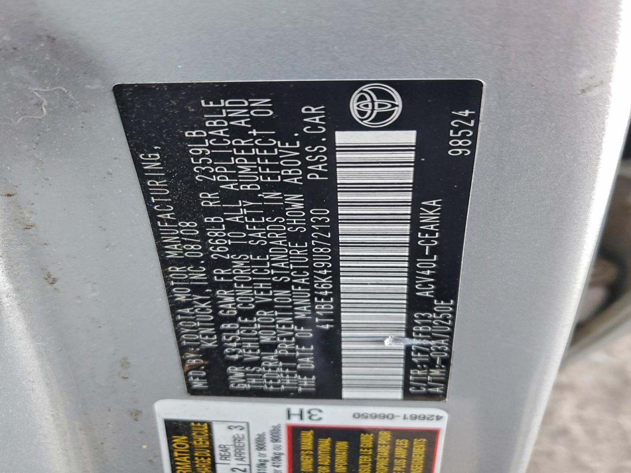 Lot #3305389372 2009 TOYOTA CAMRY BASE