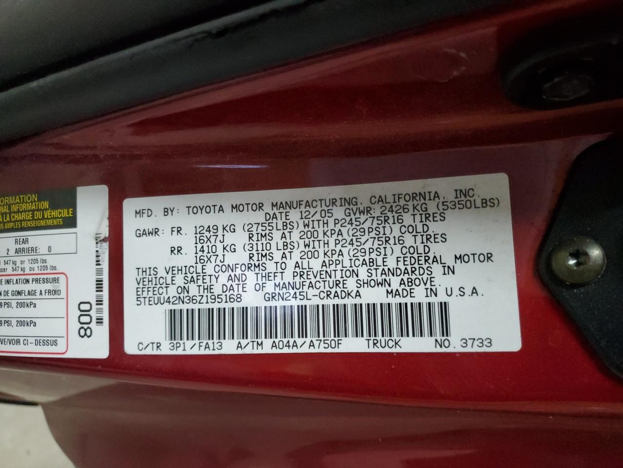 Lot #3302734093 2006 TOYOTA TACOMA ACC