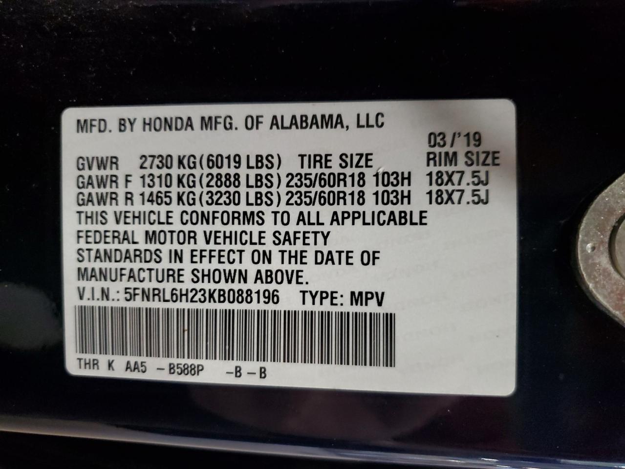 Lot #3282508875 2019 HONDA ODYSSEY LX