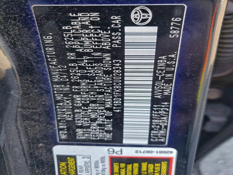 2012 TOYOTA CAMRY HYBR #3297254388