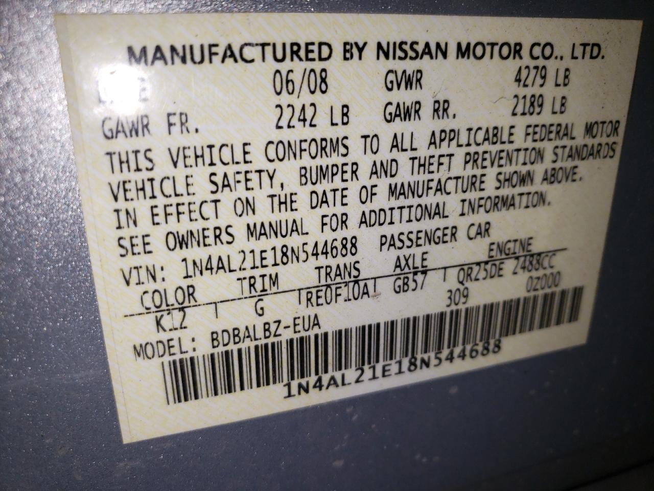 Lot #3287511014 2008 NISSAN ALTIMA 2.5