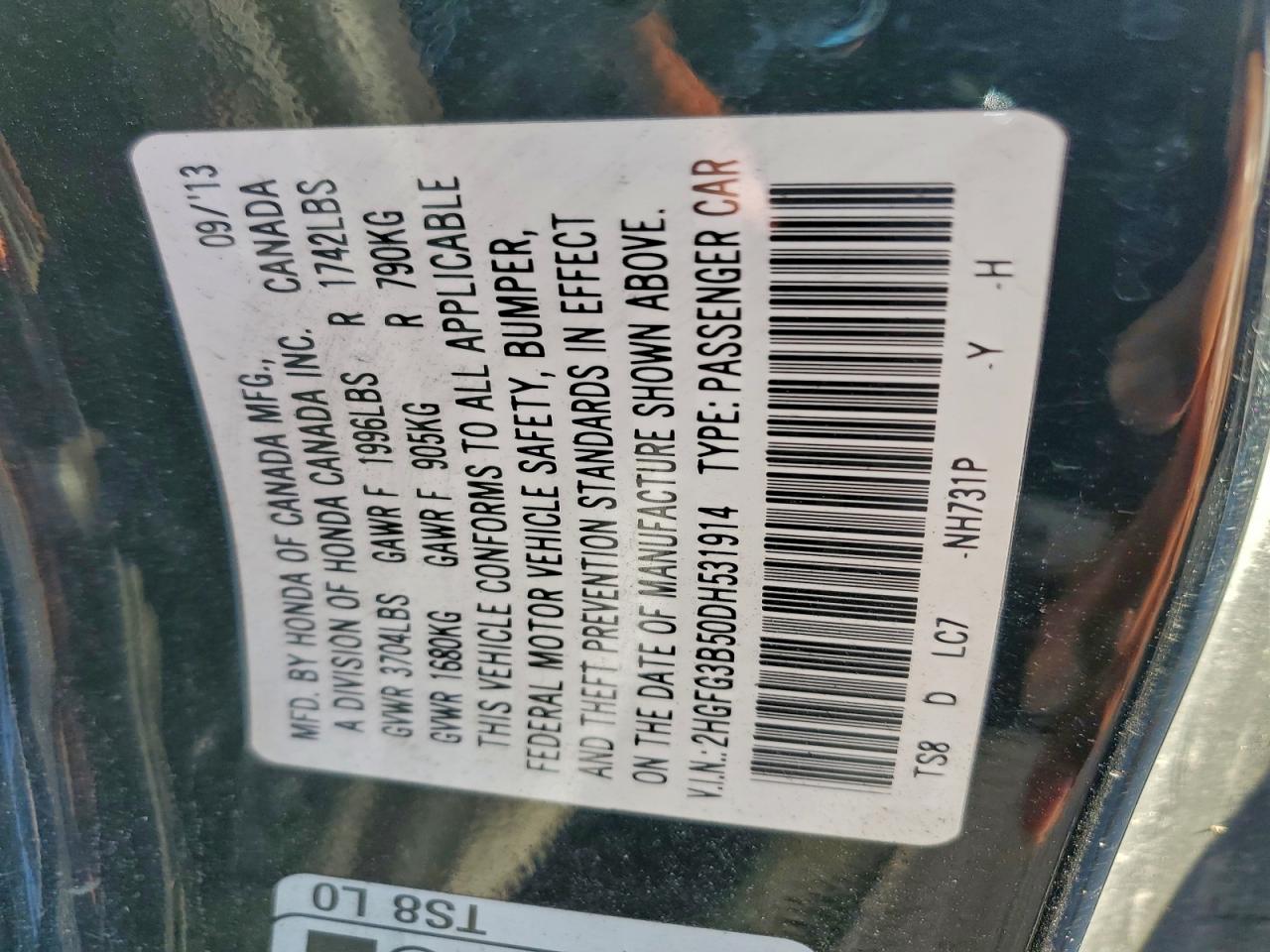 Lot #3315985089 2013 HONDA CIVIC LX