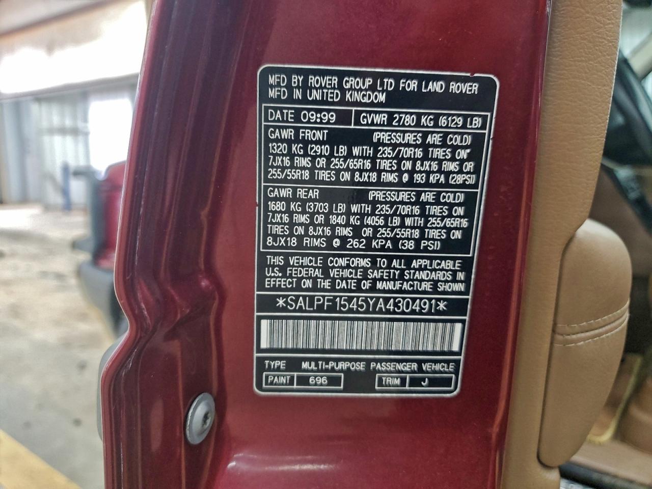 Lot #3304622457 2000 LAND ROVER RANGE ROVE