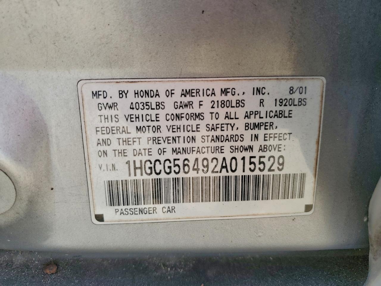 Lot #3315925101 2002 HONDA ACCORD LX