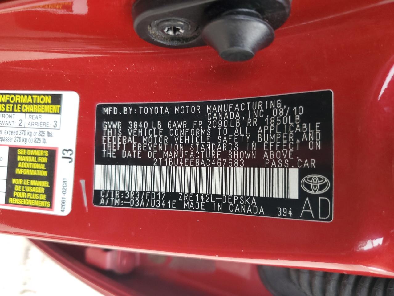 Lot #3316803407 2010 TOYOTA COROLLA BA