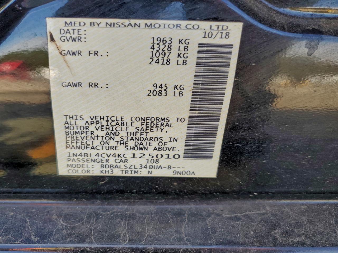 Lot #3302818918 2019 NISSAN ALTIMA SR