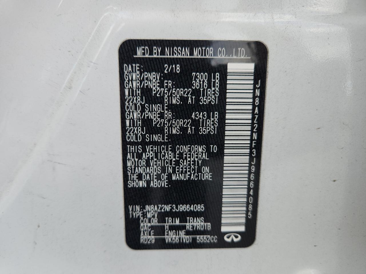 Lot #3311667249 2018 INFINITI QX80 BASE