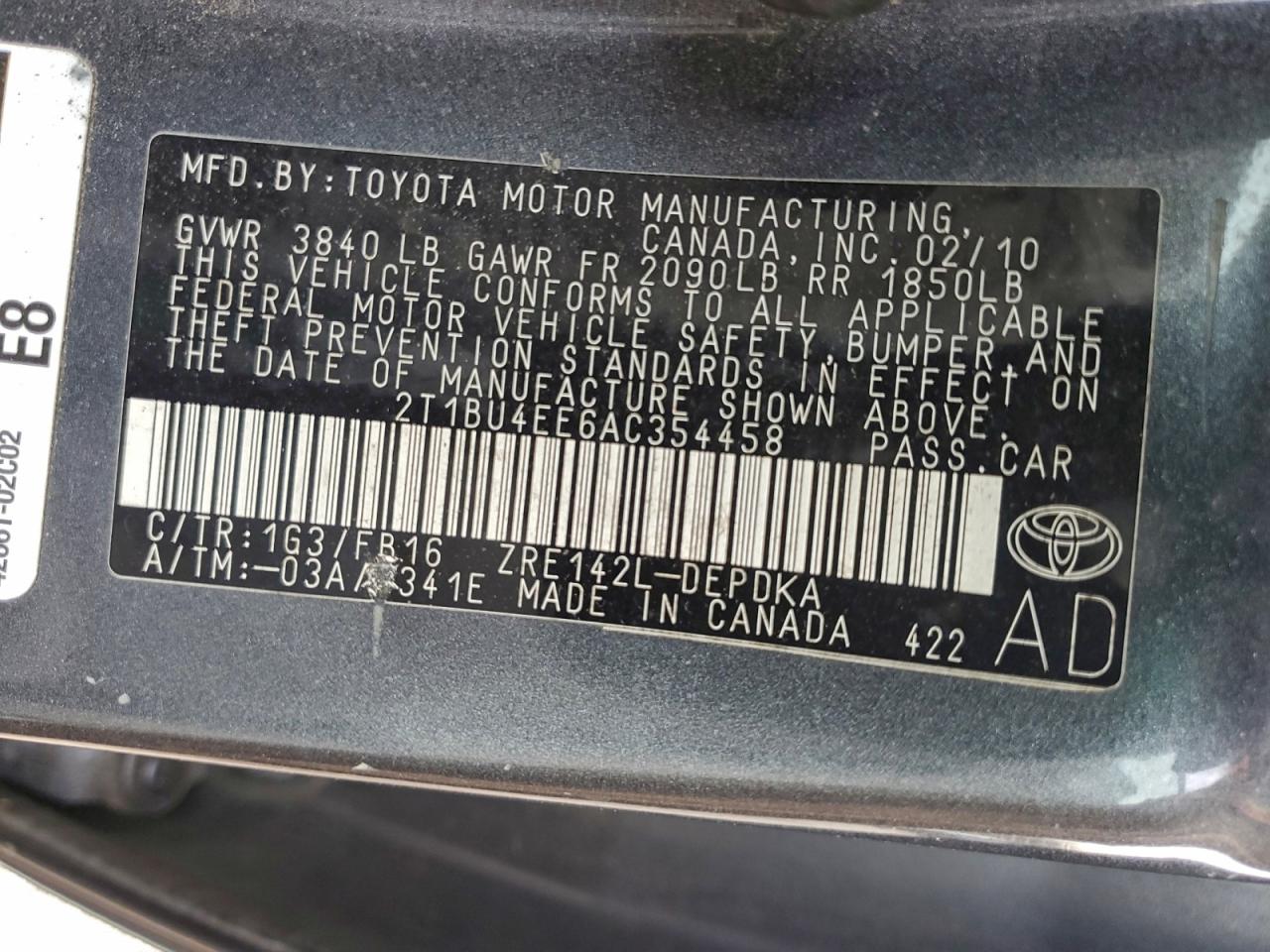 Lot #3302796919 2010 TOYOTA COROLLA BA