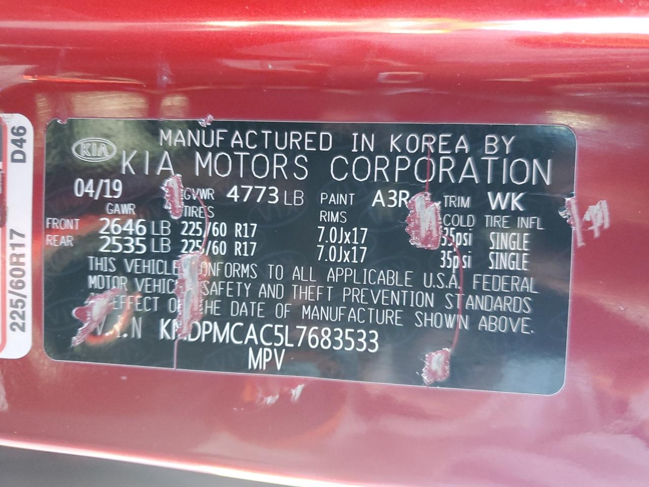 Lot #3312851088 2020 KIA SPORTAGE L