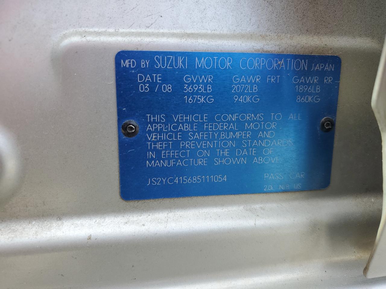 Lot #3291110180 2008 SUZUKI SX4 CONVEN