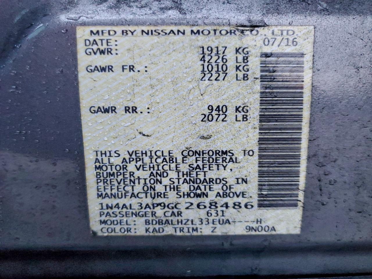 Lot #3302883932 2016 NISSAN ALTIMA 2.5